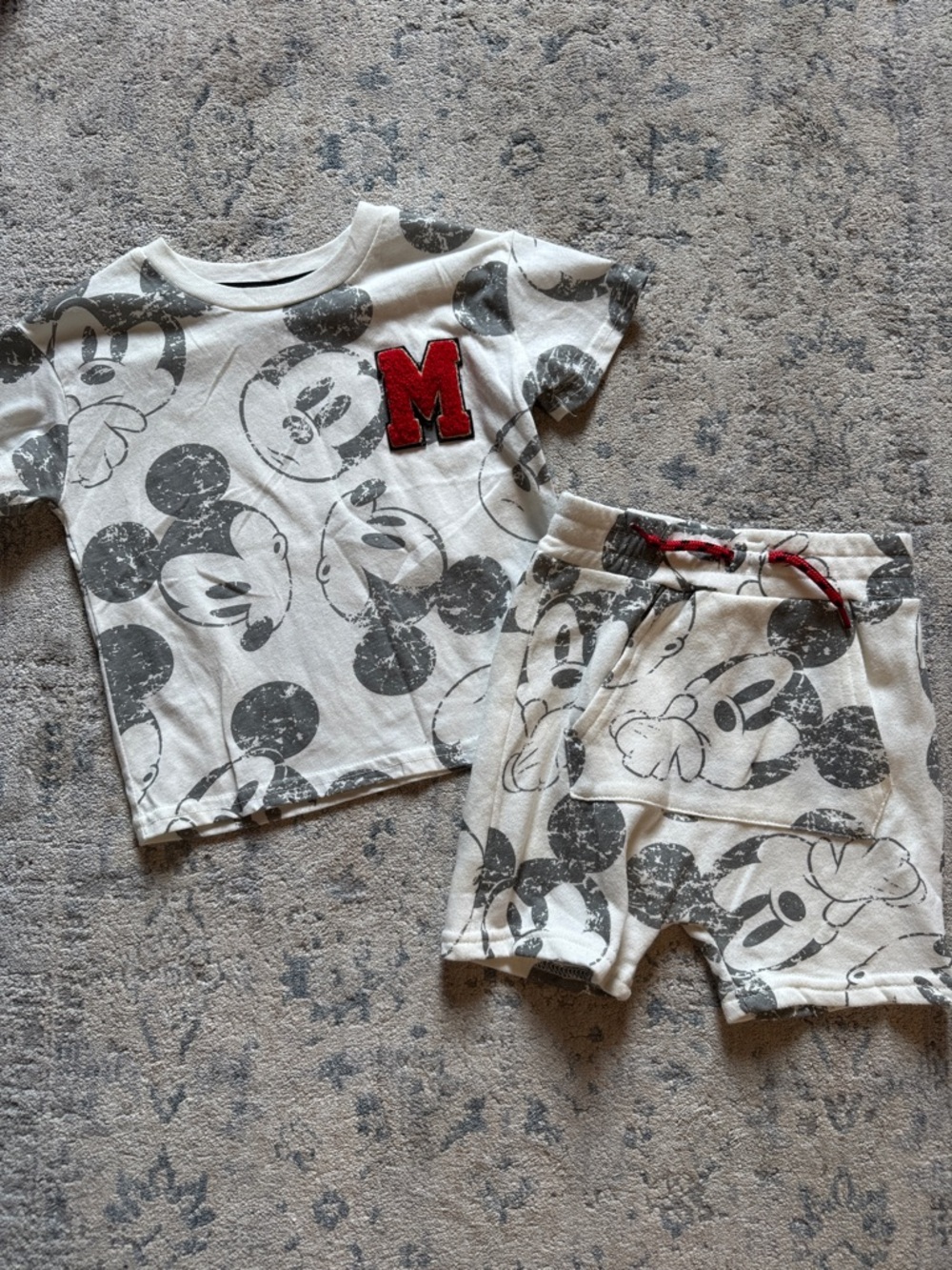 Kids Mickey Mouse White and Gray Matching Tee & Shorts Set with Red Accent